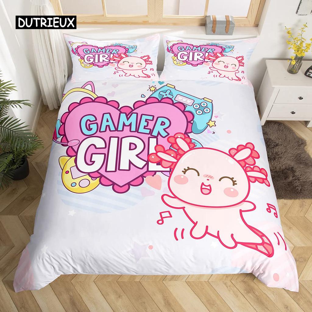 Axolotl Duvet Cover Set Pink Newt Wildlife Comforter Cover with Pillowcases Cartoon Octopus Animal Kawaii Style Twin Quilt Cover