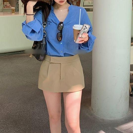 Summer god shirt old money wind 2026 short skirt set stand-up collar shirt women s summer loose temperament thin top S