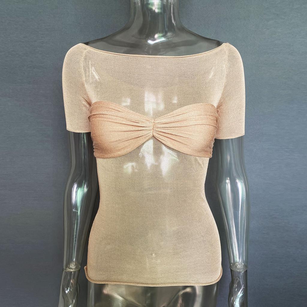 Women's One Neck Sheer Short Sleeve T-Shirt Top