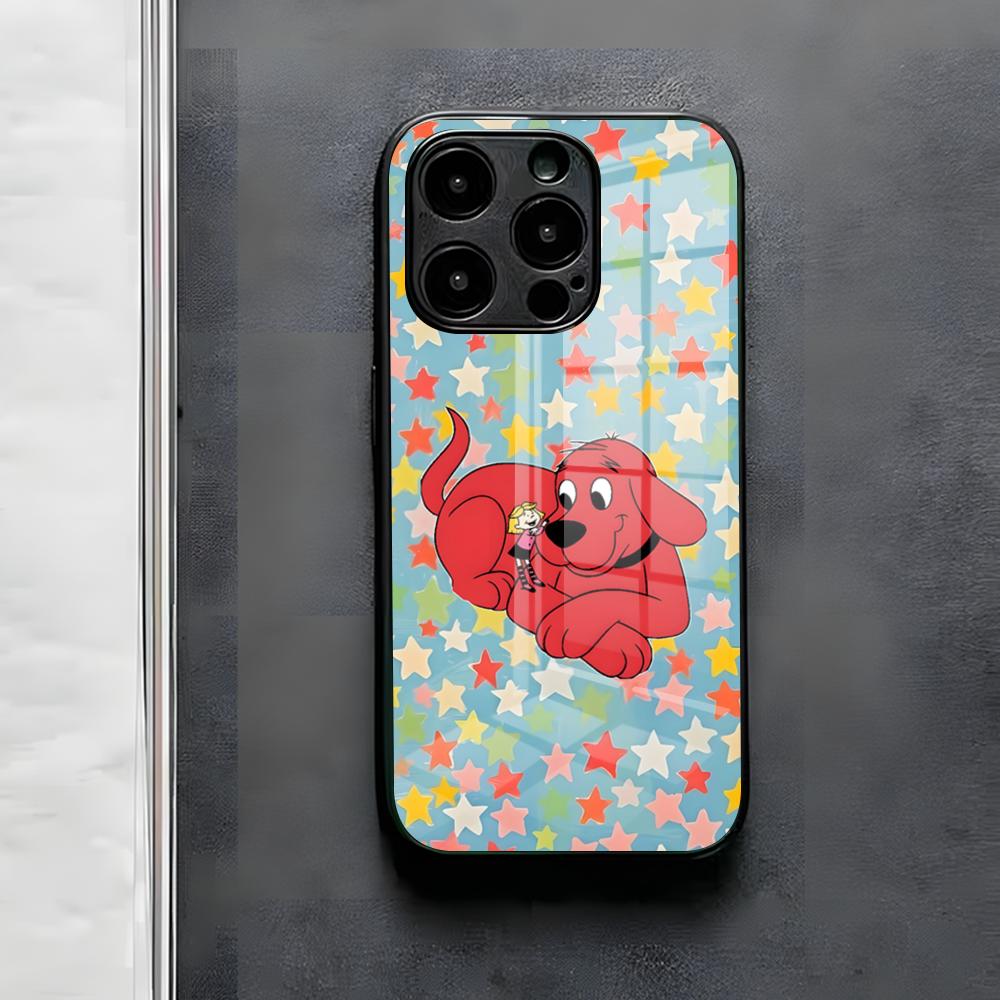 

Cartoon Clifford The Big Red Dog Phone Case For IPhone 17 Air 16 E Pro Max 15 14 13 Mini 12 Pro 11 Max Plus Black Glass Cover iPhone 13