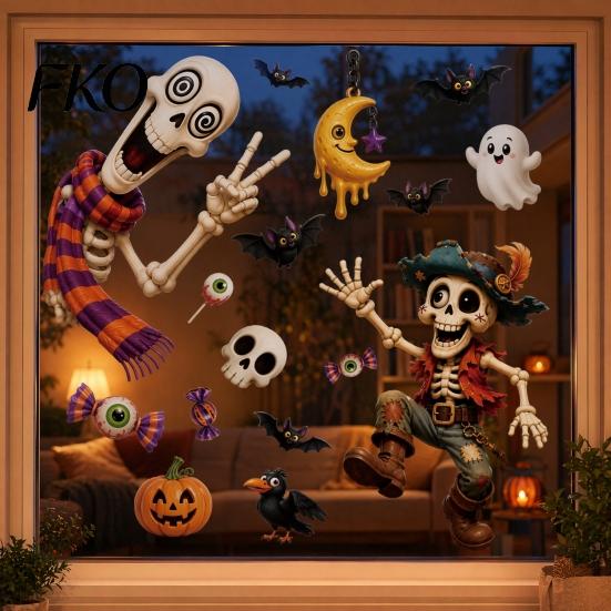 Indoor Outdoor Halloween Stickers 2 Sheets Window Clings, Cartoon Skeleton Static Stickers, Funny Classic Pattern Ghosts Bats Pumpkins for Glass Doors