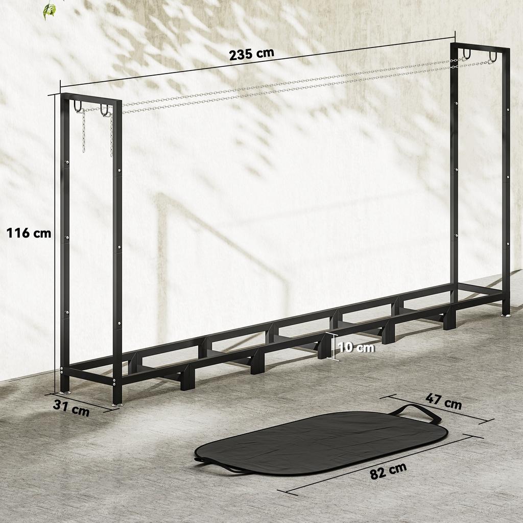 0.8m³ Adjustable Log Store with Waterproof Cover and Steel Chains, 235x31x116 cm, Black