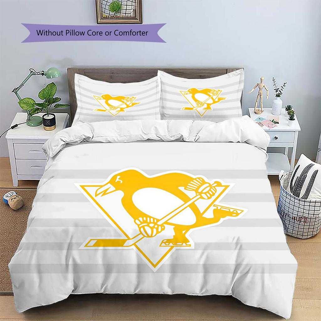 Pittsburgh Penguins Pattern Bedding Quilt Set Home Decoration Gift (1 * Duvet Cover + 2 * Pillowcase Without Core)