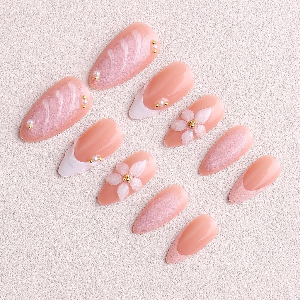 24pcs/Set Elegant Gradient Pink & White Almond-Shaped Nail Stickers With 3D Floral & Pearl Decor, Suitable For Girls/Women For Daily