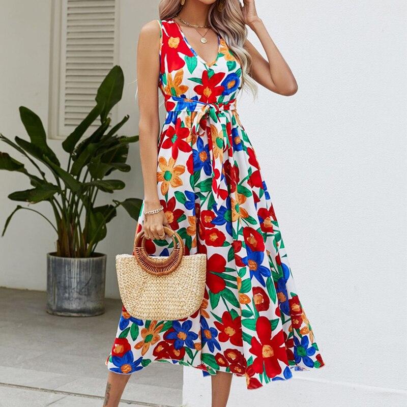 Sommer Blume Gedruckt Casual Kleid V-ausschnitt Ärmellose Elegante Slip Strand Kleid Frauen 2023 Hohe Taille Party Kleid Vestidos 25281
