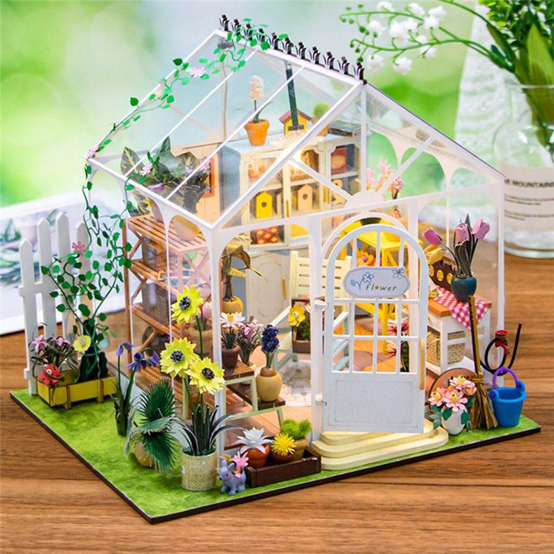 AEE4-DIY Garden House Book Nook Shelf Insert Miniature Building Kits Wooden Doll House Flower Garden Room Bookshelf