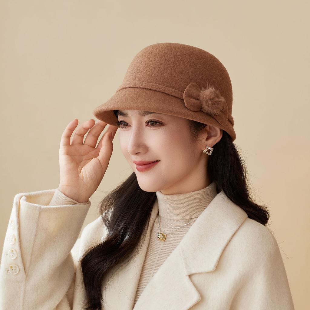 New Autumn and Winter Bow Basin Hat Women's Fashion Wool Woolen Warm Hat