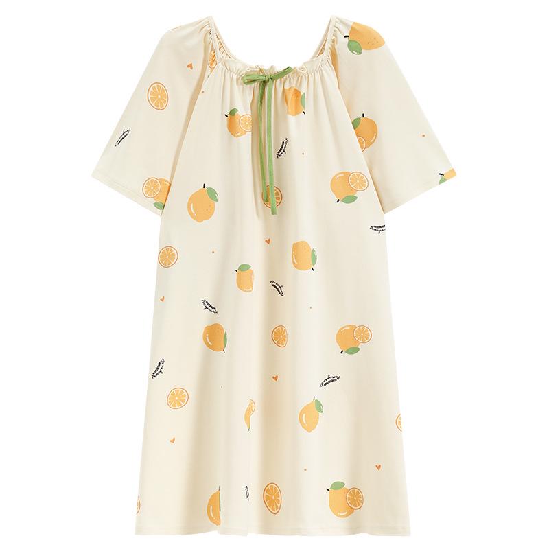 7A Women's Antibacterial Cotton Nightgown, Short Sleeve, Plus Size, Medium Length, Versatile for Outdoor Wear, Sweet Summer Home Dress