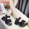 Fashion Aphixta New Buckle Height Increaming Canvas Platfom Sandals Women 3.15 Inch Wedge Heel Shoes Hook & Loop Thick Bottom Slides