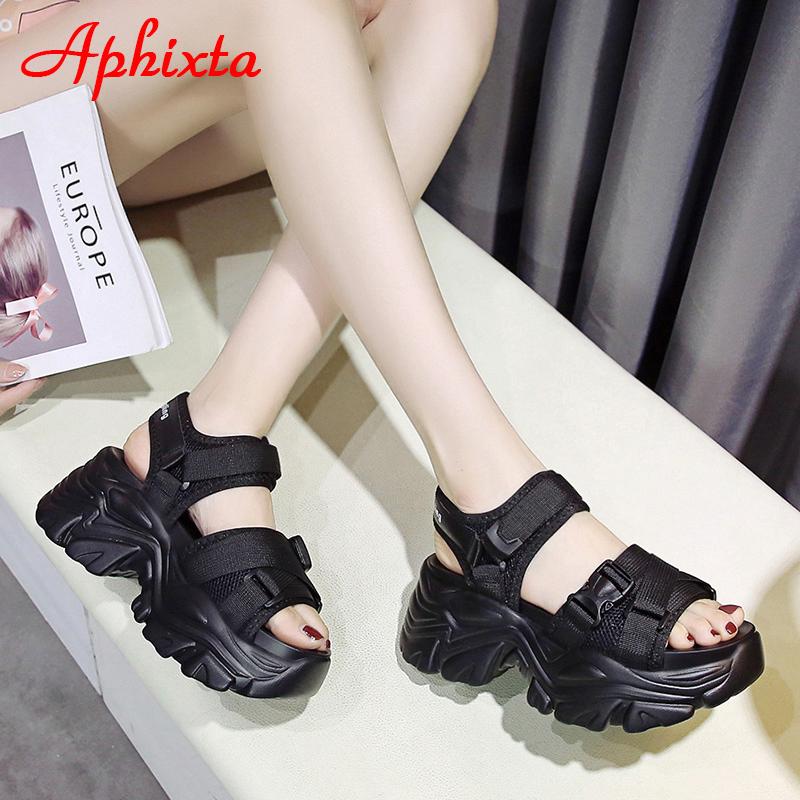 Fashion Aphixta New Buckle Height Increaming Canvas Platfom Sandals Women 3.15 Inch Wedge Heel Shoes Hook & Loop Thick Bottom Slides
