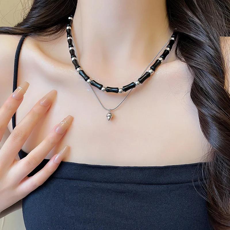 

Personality Retro Black Bamboo Knot Spinning Top Pendant Necklace for Women Charm Stainless Steel Double Layer Choker Jewelry