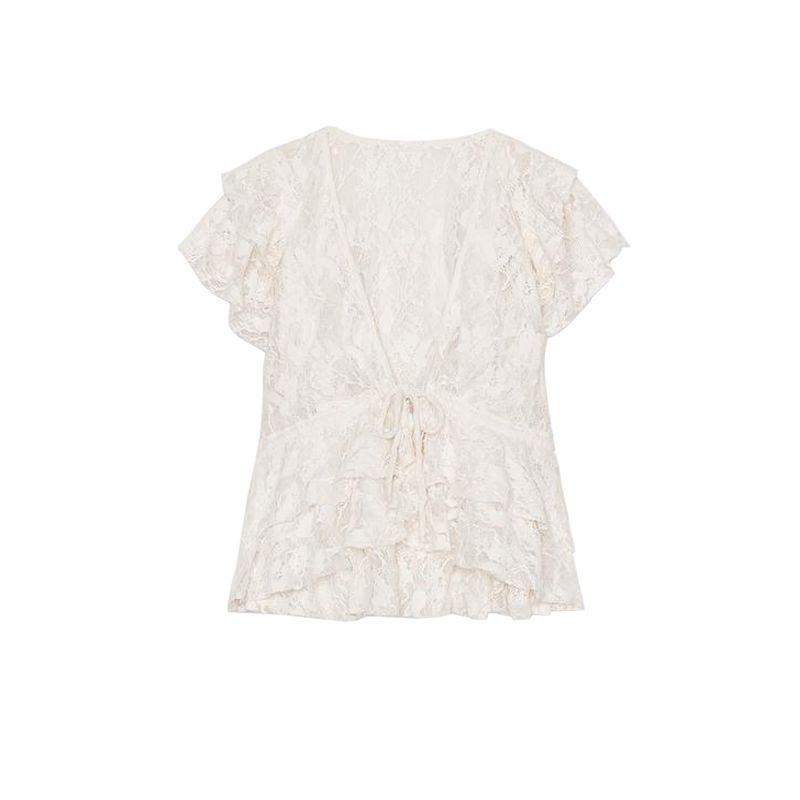 Spring and Summer New Women's Clothing Sweet Style Laminated Decoration Bowknot Decoration Lace V-neck Short Sleeve Jacket 2298187