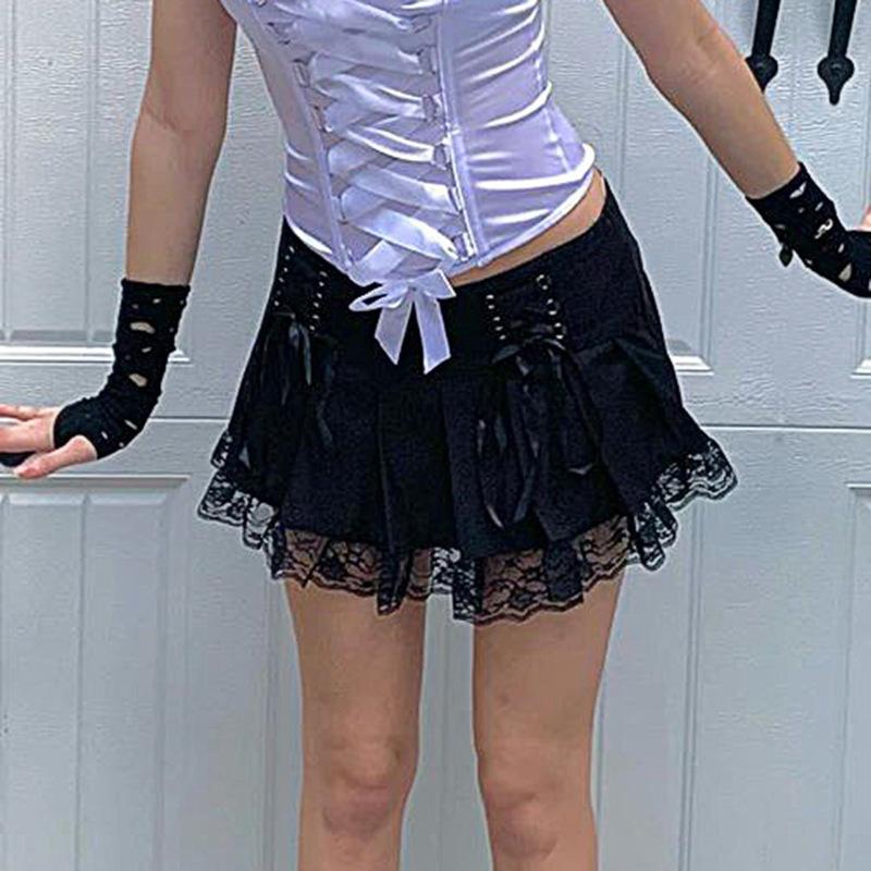 2023 Women High Waist A-Line Mini Skirt Lace Decoration Pleated Printed Punk Style Black Dress Club Party Wear Hot