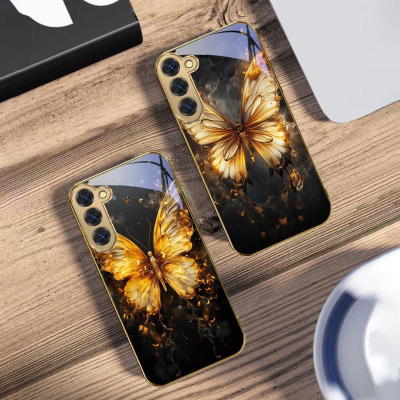 Flammen Warmes Schmetterling Für Samsung Galaxy S20 FE S21 S22 S23 Plus S24 Ultra 25Ultra S21+ S9+ S22Plus Goldene Glas Handyhülle