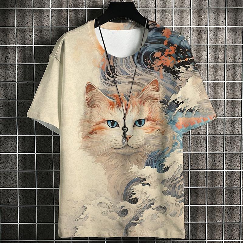 Modische Ukiyo-e Tiere Grafik T-Shirts für Herren Trend Sommer Kurzarm 3D-Druck Kinder T-Shirts Lässig Locker Harajuku Tees