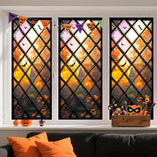 Halloween Window Sticker Stained Glass Style Witch Bats Decal Removable Pumpkins Ghosts Static Window Cling for Party Decoration