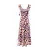 Summer New French V-neck Romantic Purple Leopard Print Diagonal Cut Holiday Style Slim Suspender Dress