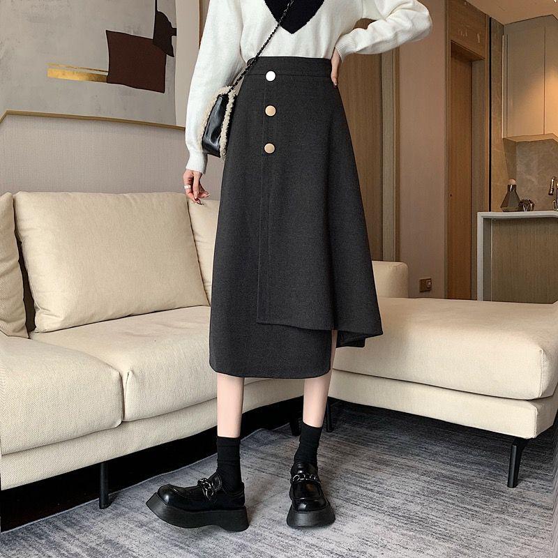 Women's High Waist Woolen A-Line Skirt - Autumn/Winter 2025 Collection, Versatile Mid-Length Irregular Slimming Design