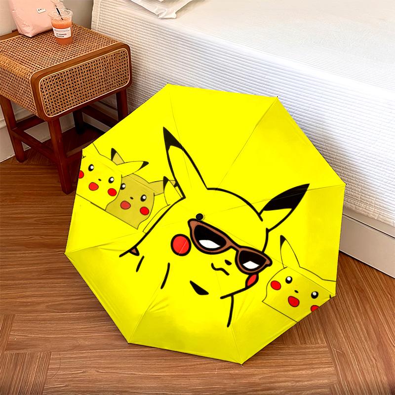 Happy Pikachu Pattern, Automatic Folding Umbrella, Portable and Foldable Design, 8 Ribs, a Christmas or Birthday Gift.