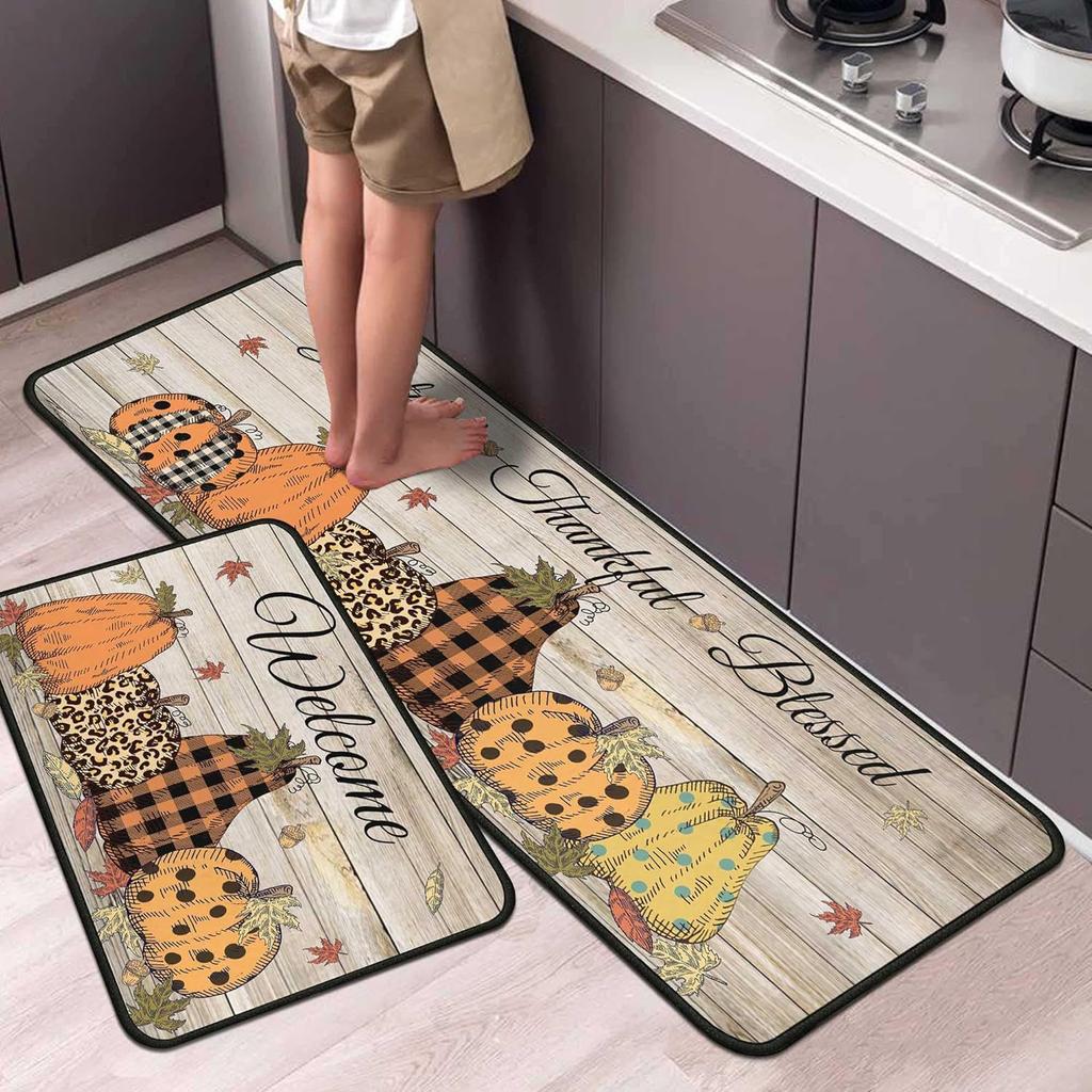 Thanksgiving Kitchen Mat Autumn Pumpkin Oil-Absorbing Dirt-Resistant Non-Slip Floor Mat Porch Easy To Take Care Of Foot Mat