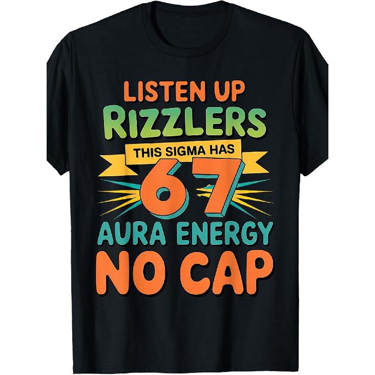 Men S Funny Sigma 67 Aura Energy Graphic T-Shirt - Listen Up Rizzlers Text Design - Crew Neck Casual Tee - Lightweight Everyday Shirt for Parties, S чёрный