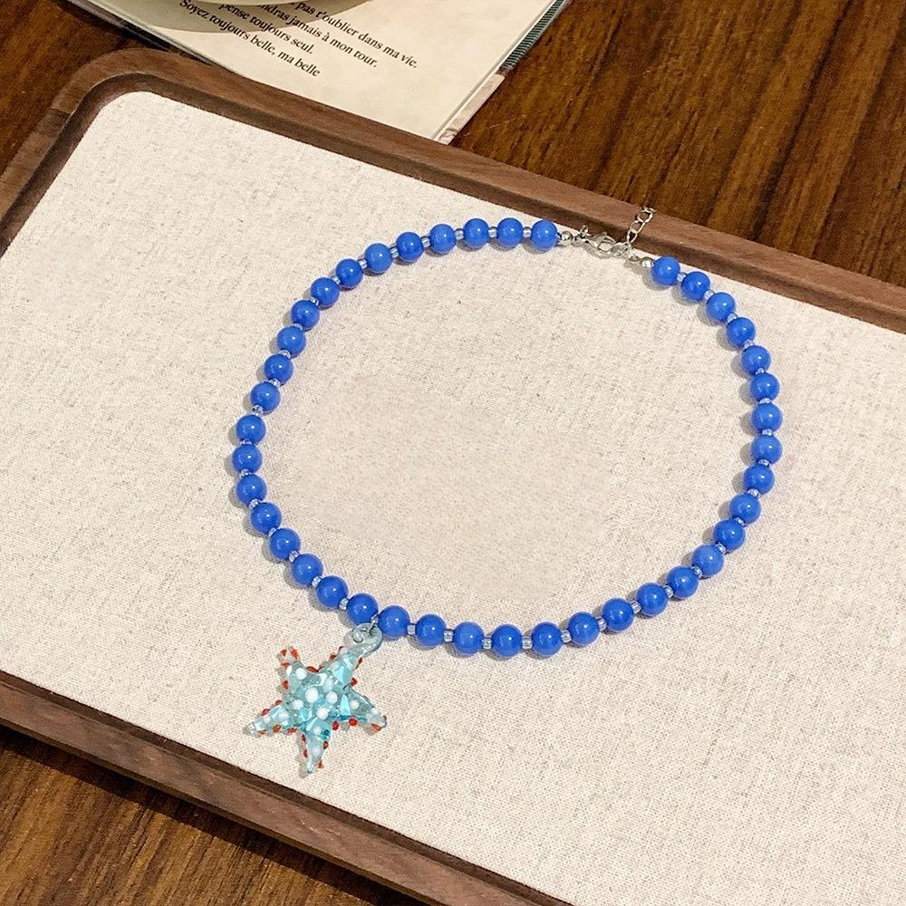 Holiday Starfish Dots Necklace Bohemian Summer Clavicle Chain Cute Starfish Beads Choker  Gift синий