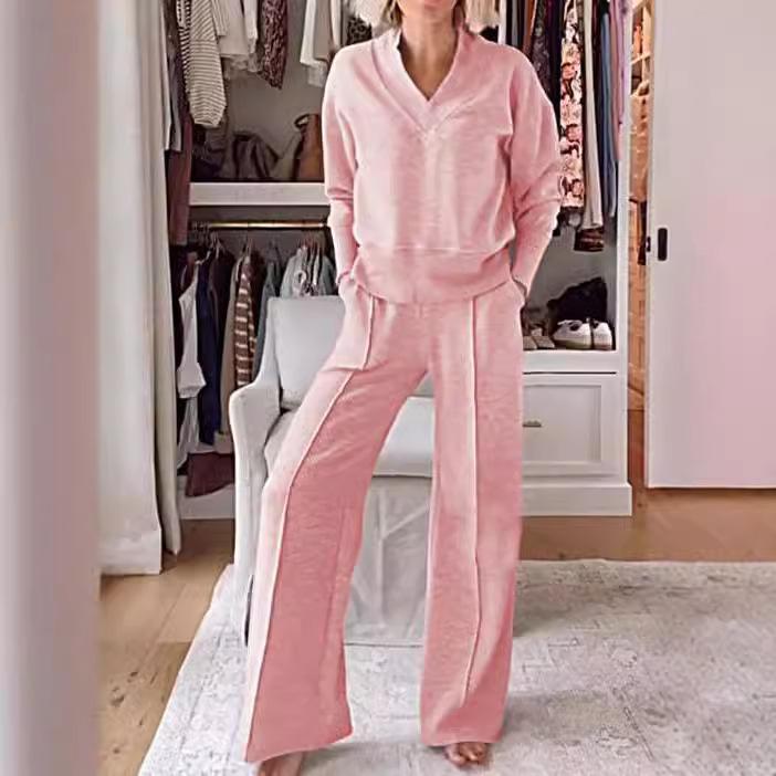 

Женский синий топ с V-образным вырезом и длинными рукавами и брюки широкого кроя, повседневный комплект для отдыха 4XL