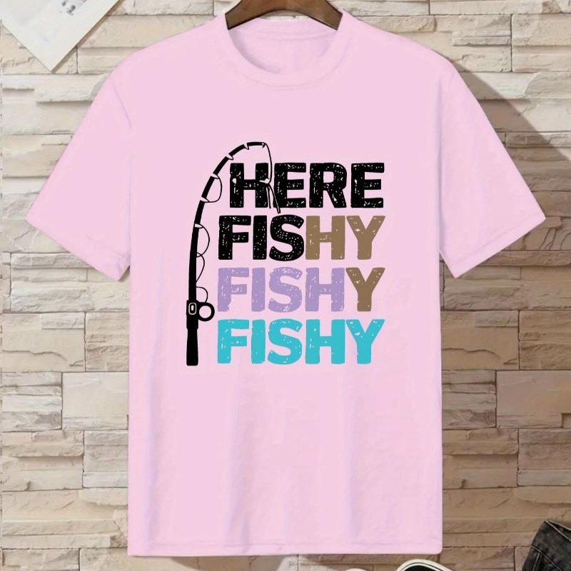 Kids Summer Crew Neck Short Sleeve T-Shirt with Fishing Rod & HERE FISHY Letter Print