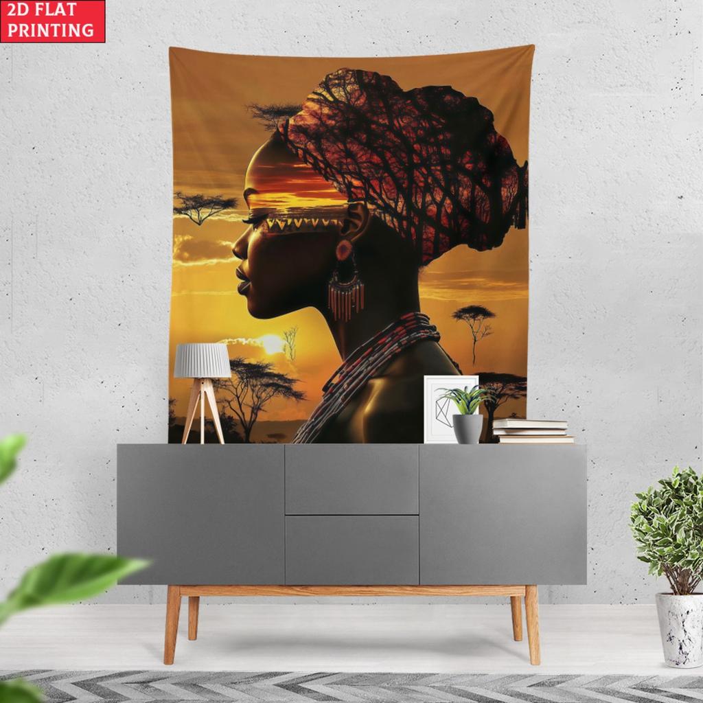 African Woman Sunset Silhouette Art Wall Tapestry Ethnic Tribal Decor Bohemian Bedroom Living Room Cultural Art Print