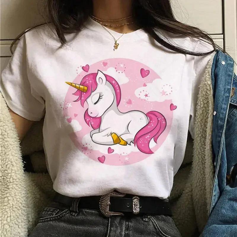 Women'S T-Shirt Unicorn Print Cartoon O-Neck T-Shirt Ulzzang Harajuku Streetwear T-Shirt Korean Grunge Female Casual T-Shirt