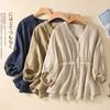Cotton Linen Bat Shirt Female Large Size Spring and Summer Chic and Elegant Waist V-neck Seven-point Lantern Sleeve Shirt