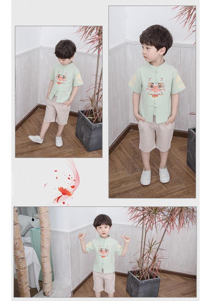 Kinder Baumwoll-Leinen Hanfu Set: Kurzarm & Shorts, Tang-Anzug Antikes Kostüm für Jungen & Mädchen - Zweiteiliges Performance-Outfit