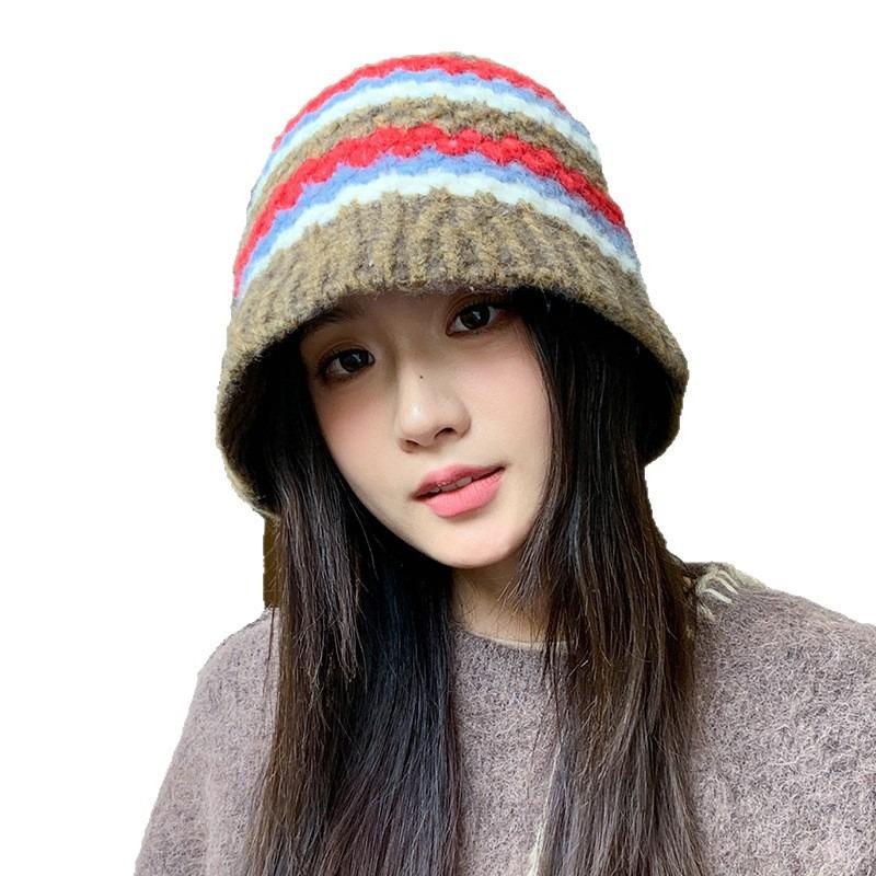 Autumn and winter hat women's versatile color matching knitted bucket hat ear protection warm wool hat showing washbasin hat