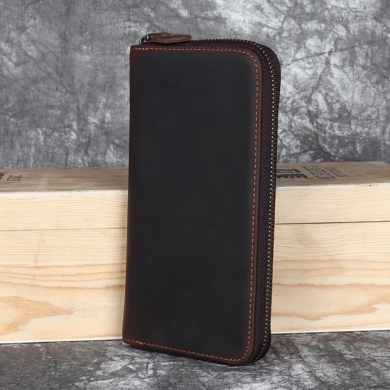 Crazy Horse Leather Men's Handbag, Genuine Leather Long Zipper Wallet, Head Layer Leather Leather, Retro Vintage Leather Bag