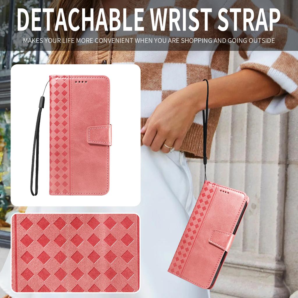 For Samsung Galaxy S24+/Galaxy S25+ Leather Case Wallet Stand Grids Imprinted Phone Cover with Strap