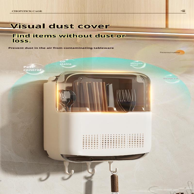 Wall Mounted Kitchen Cutlery Holder Breathable Dust-Proof Utensil Drainer No Punching With Lid Chopstick Storage Box