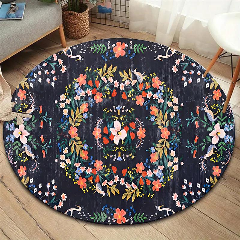 Retro-style Flowers Round Area Rug,Carpet Rug for Living Room Bedroom Sofa Playroom Decor,Non-slip Floor Mat
