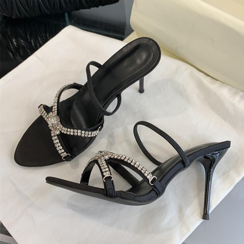 Fashion Liyke Summer Woman Slipper Fashion Crystal Rhinestone Open Toe Thin Heels Shoes Street Style Stripper Party Slides Zapatos Mujer