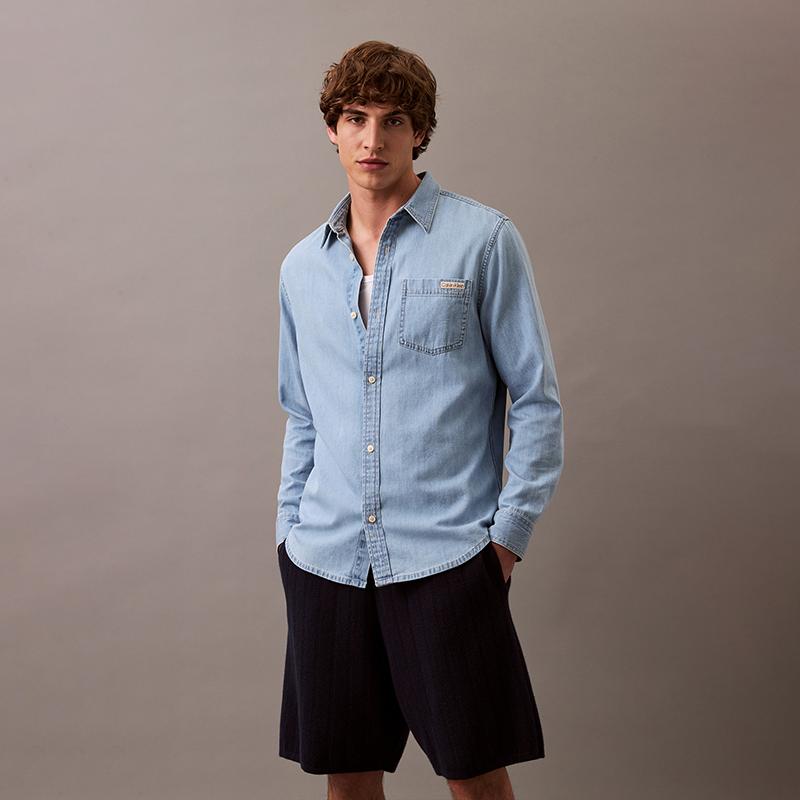 Calvin Klein Comfortable Minimalist Pointed Collar Denim Button-Up Shirt Men Shirts Blue 40BM796-450