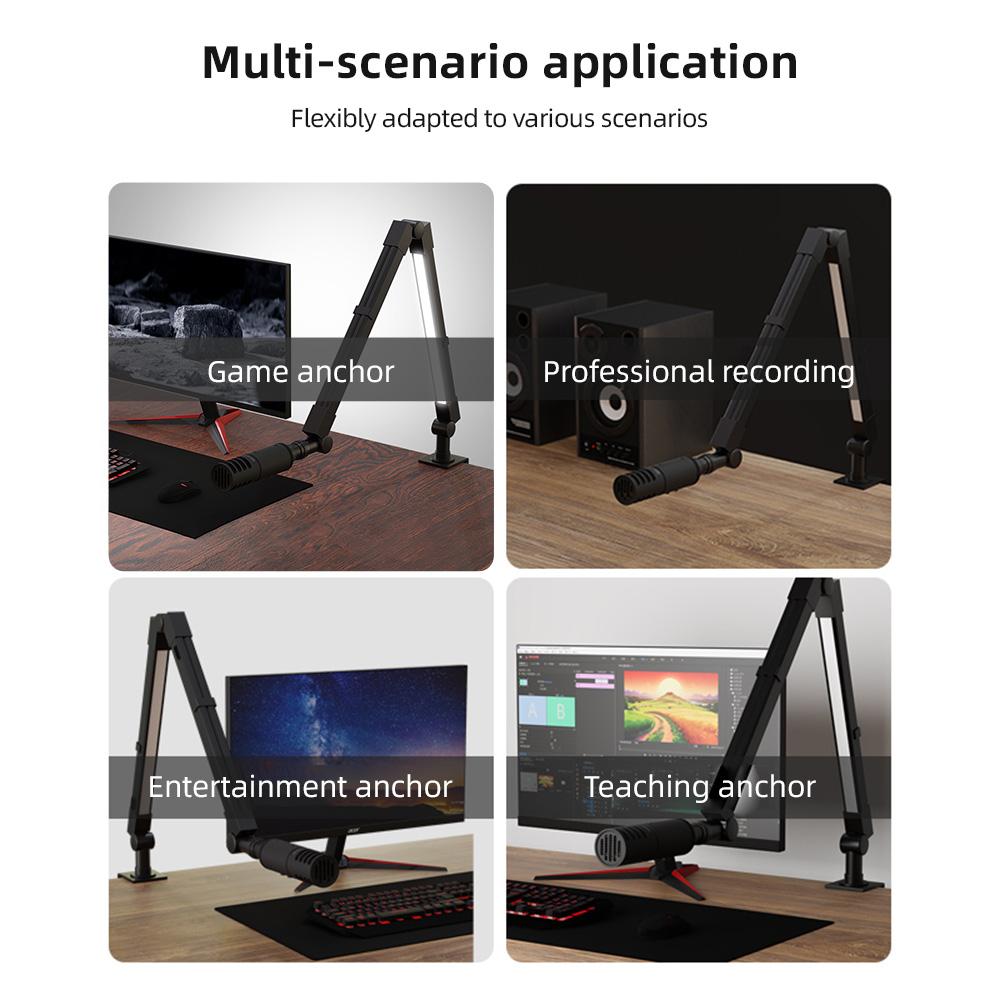 Desktop Microphone Boom Arm with LED Fill Light 2700K-6500K & Remote Control Desk Mount Mic Stand