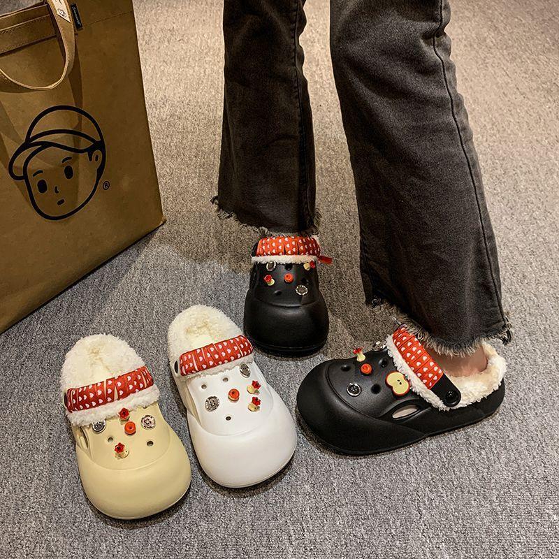 Wear-resistant warm cotton slippers versatile and cute Apple indoor fluffy slippers 2025 winter new fashionable thick bottom non-slip