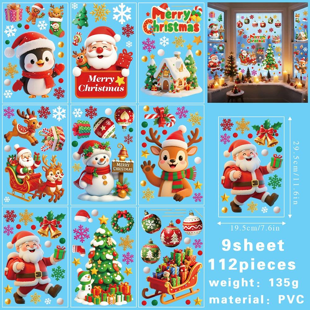 9PCS/Set Electrostatic Cartoon Santa Glass Decals Decorative Static Sticker  Home Decoration