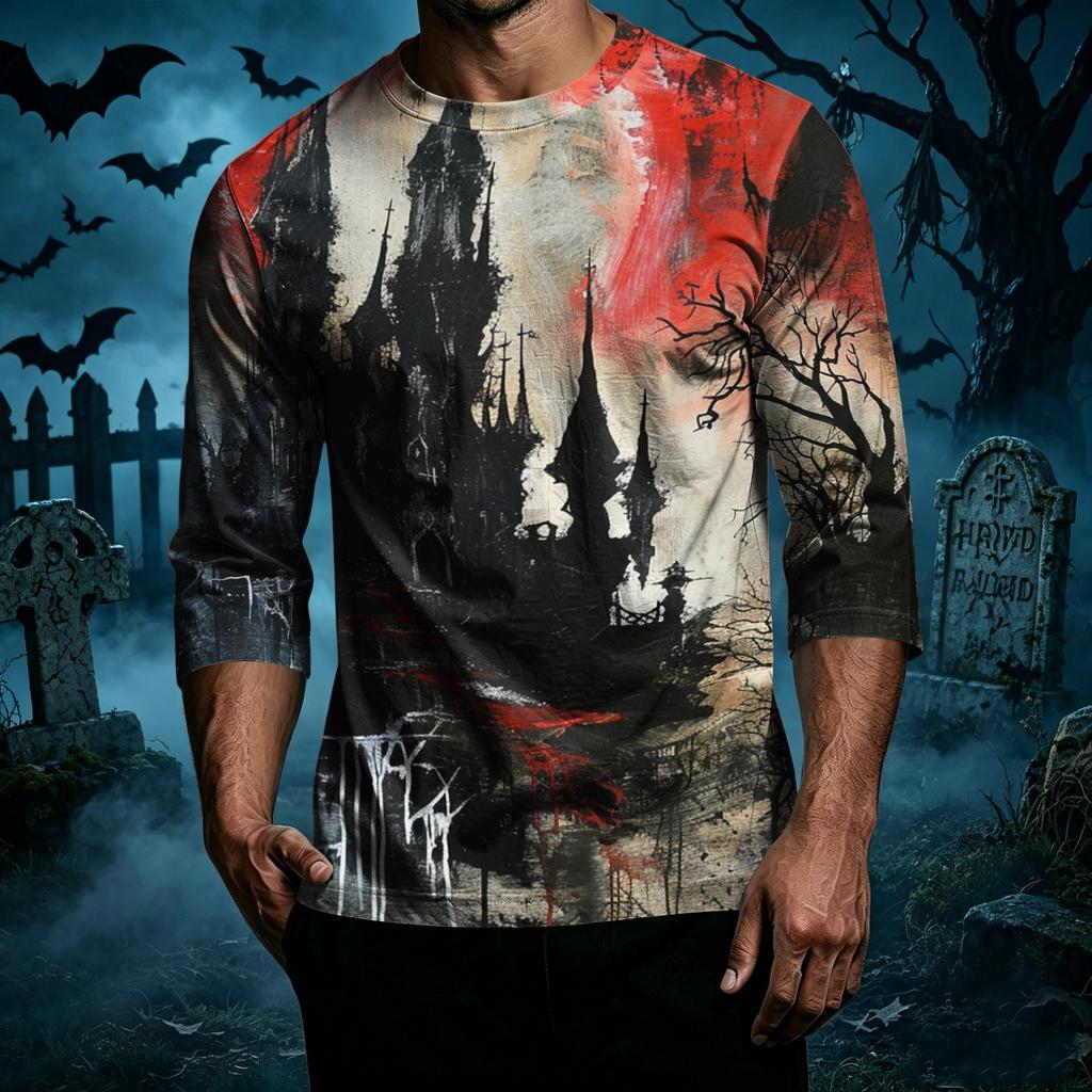 Men's Casual Halloween Print Crew Neck T Shirt Three Quarter Sleeve Top Comfortable Fit Lightweight Fabric Stylish Design