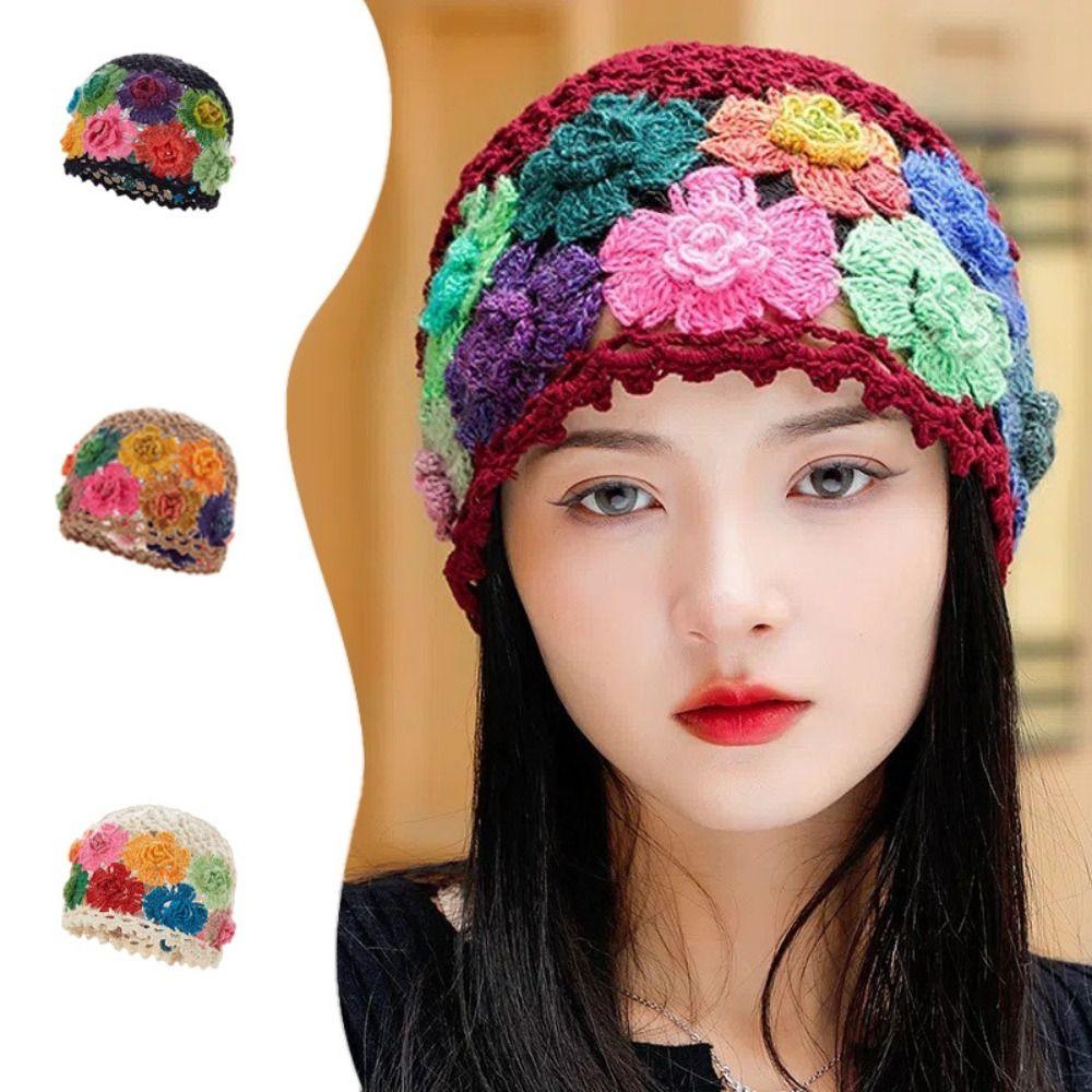 Woolen Beanie Cap Crochet Ethnic Style Pullover Hat Retro Flower Hollow Knitted Hat Outdoor
