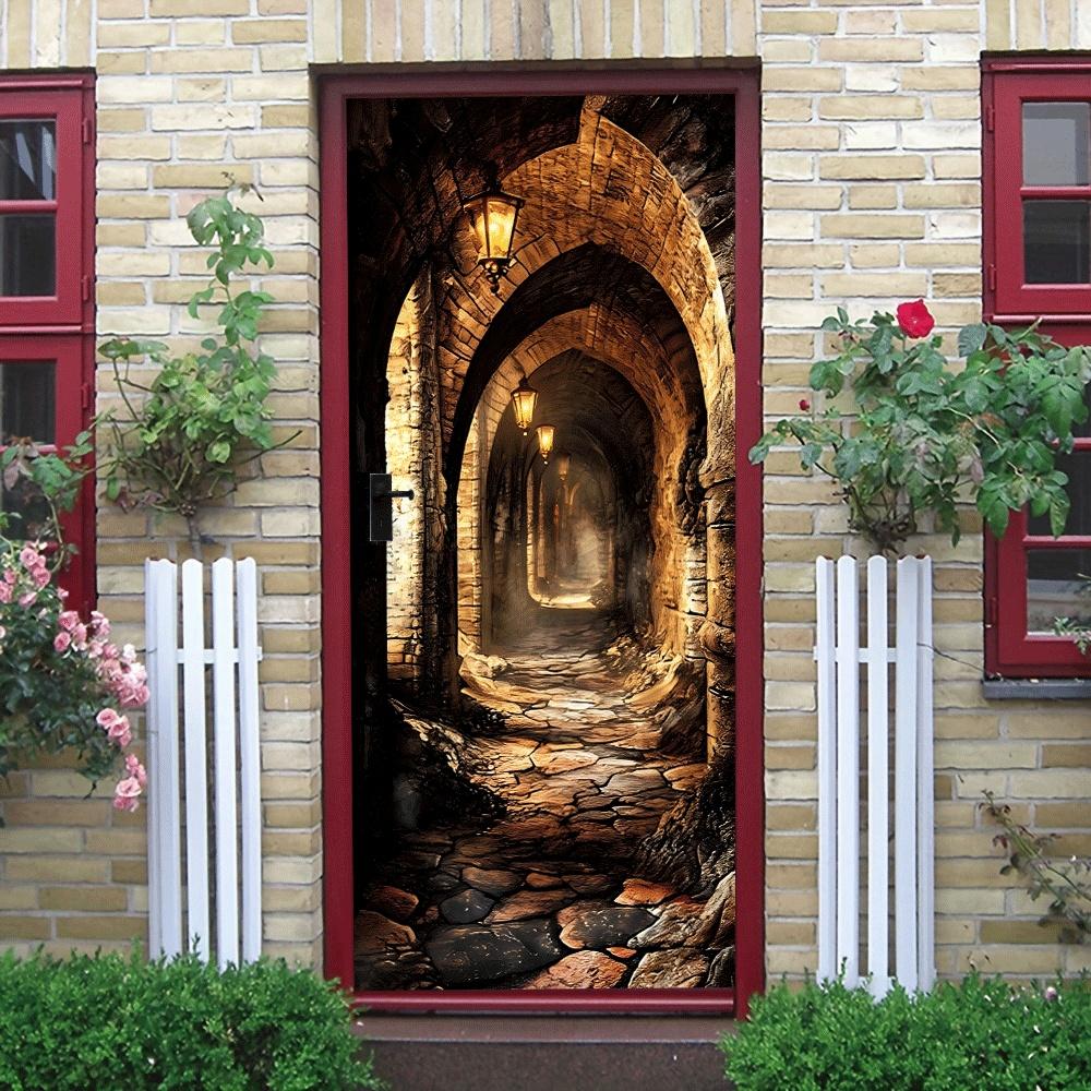 2pcs Medieval Retro Castle Tunnel Wall Stickers, Three-dimensional Arch Corridor Stickers, Living Room Entrance Background Wall
