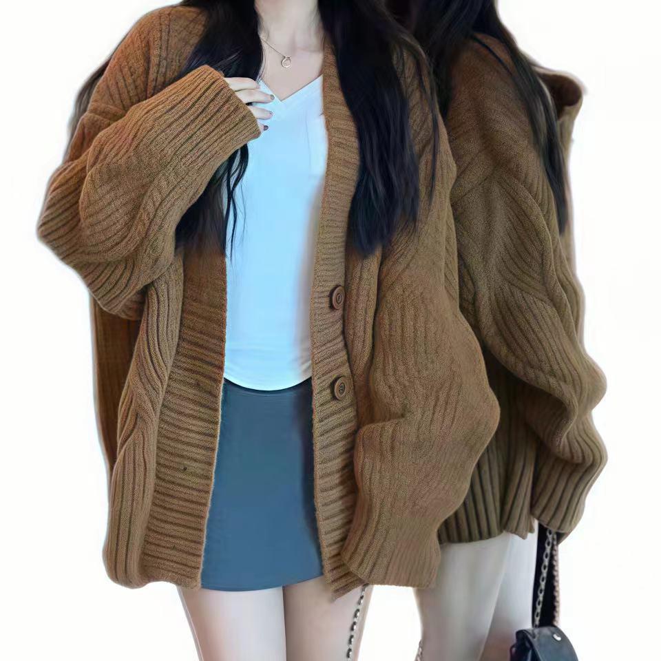Korean Style V-Neck Retro Cable Knit Cardigan - Soft, Cozy Brown Sweater for Spring & Autumn