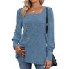 Autumn and Winter Women's Blouse Knitwear with Buckle Square Neck Solid Color Long Sleeve Tops