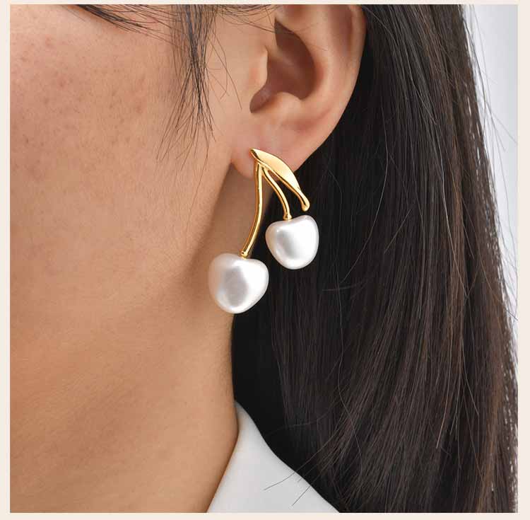 18K Gold Plated Pearl Cherry Earrings, Hypoallergenic Waterproof Stainless Steel, Elegant Jewelry for Women, Cute Fruit Studs