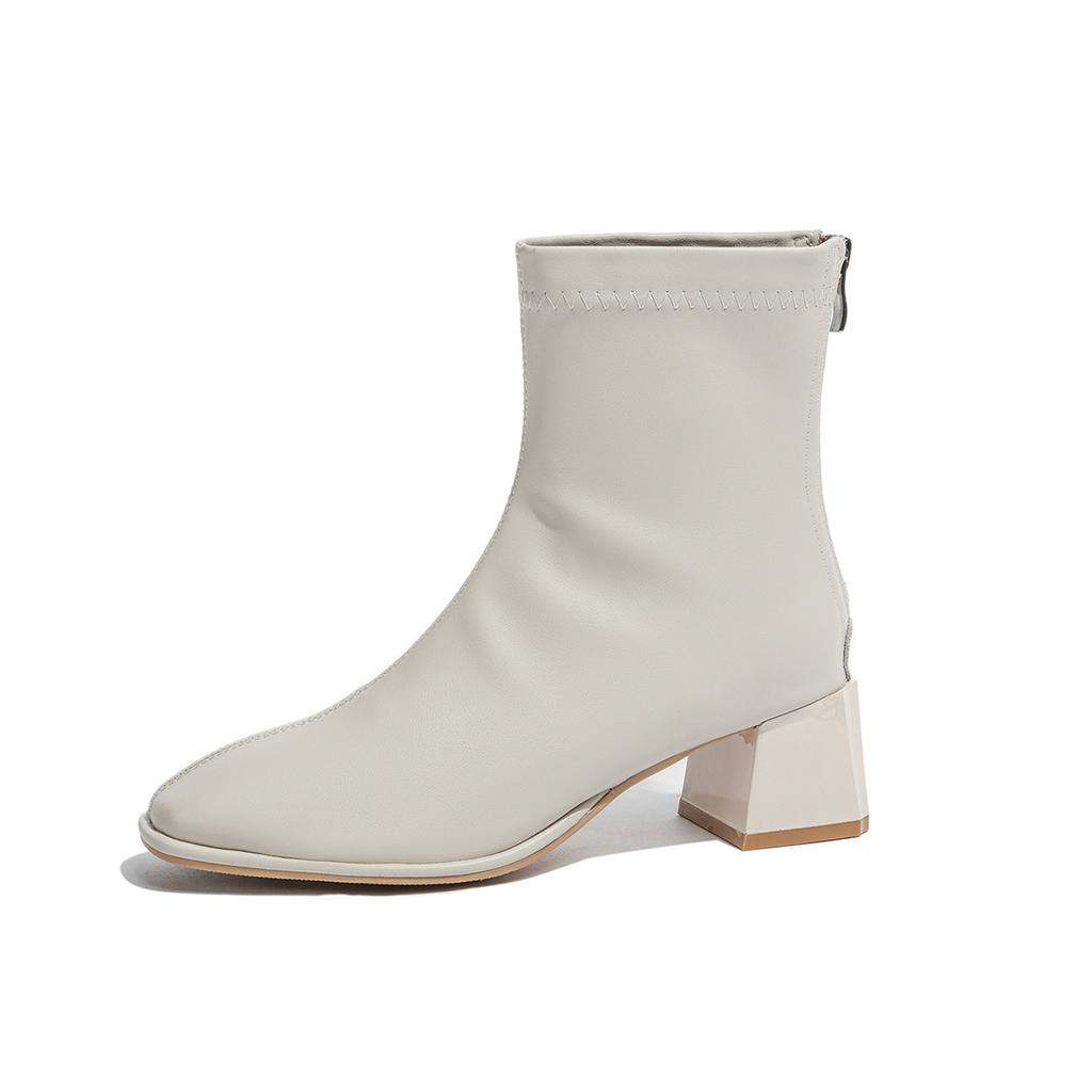 Black leather short boots, thin boots, new Martin boots, square head, medium heel, bare boots, thick heel, autumn single boots.