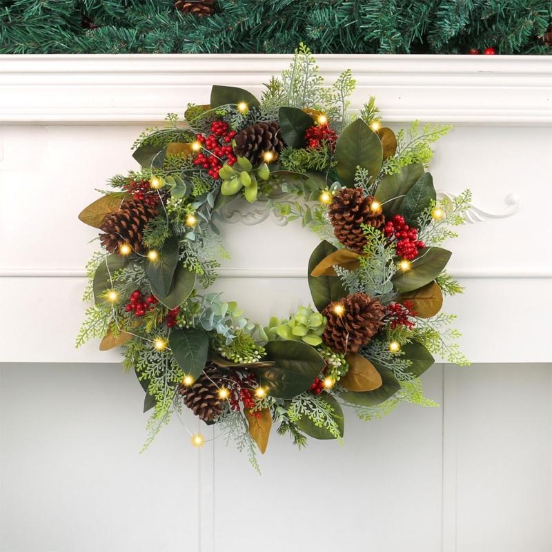 Artificial Wreath LED Light up Christmas Wreath with Pinecone for Front Door Window Yard Garden Christmas Decorations
